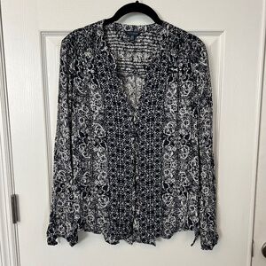 Lucky Brand Womans Floral Boho Long Sleeve Black/White Peasant Tunic Top Size M